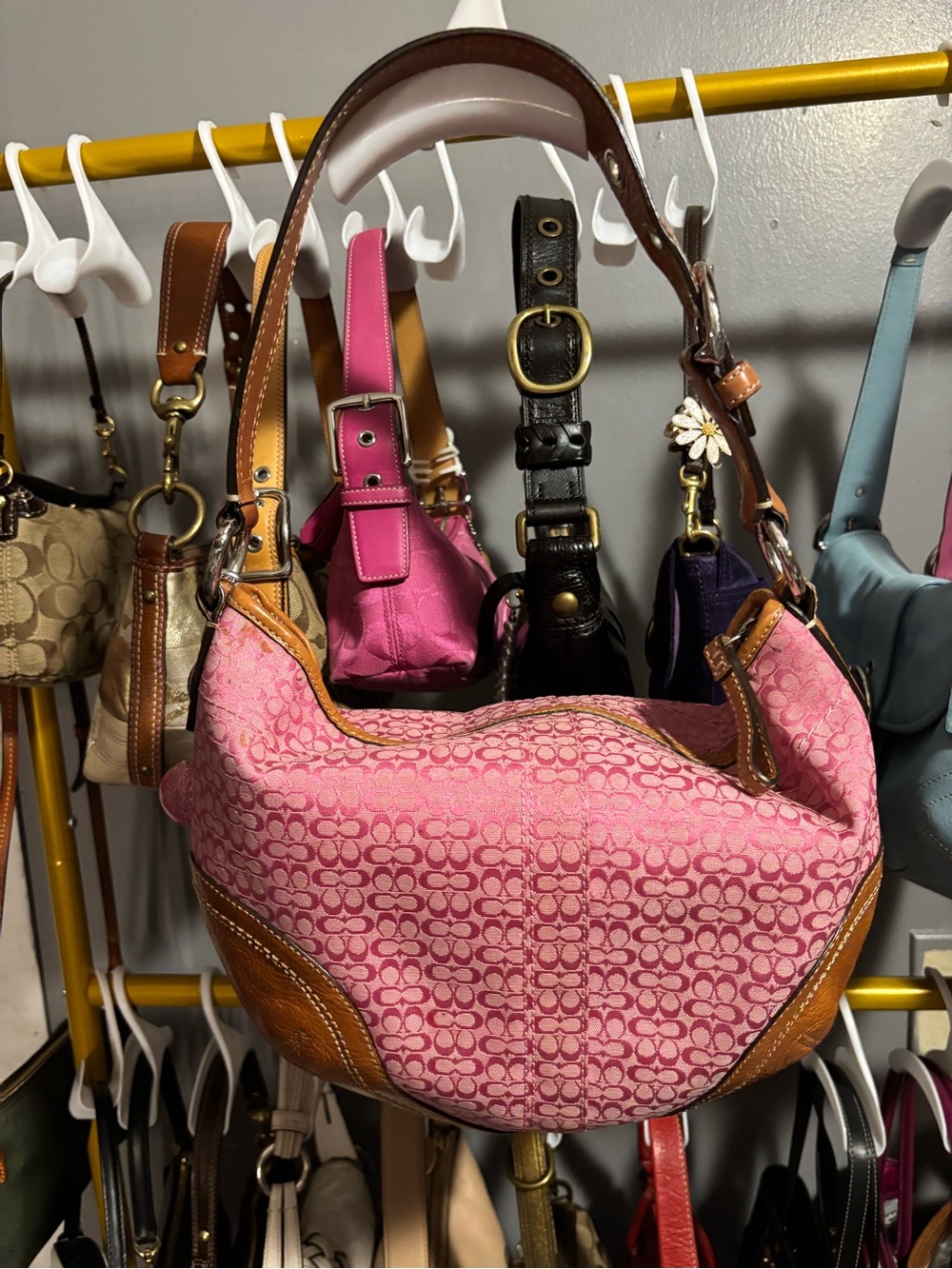 Coach Pink Signature Canvas Shoulder Bag with Tan Leather Trim - Picture 1 of 6
